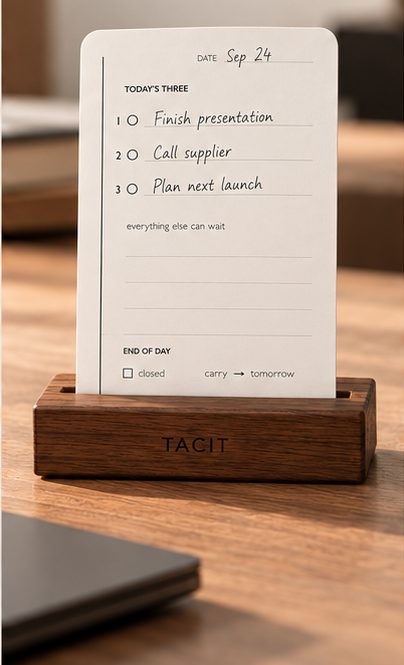 A Focus Card with three written priorities standing on a desk