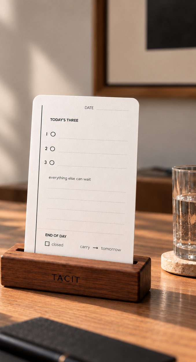 A Focus Card in the walnut stand on a sunlit desk